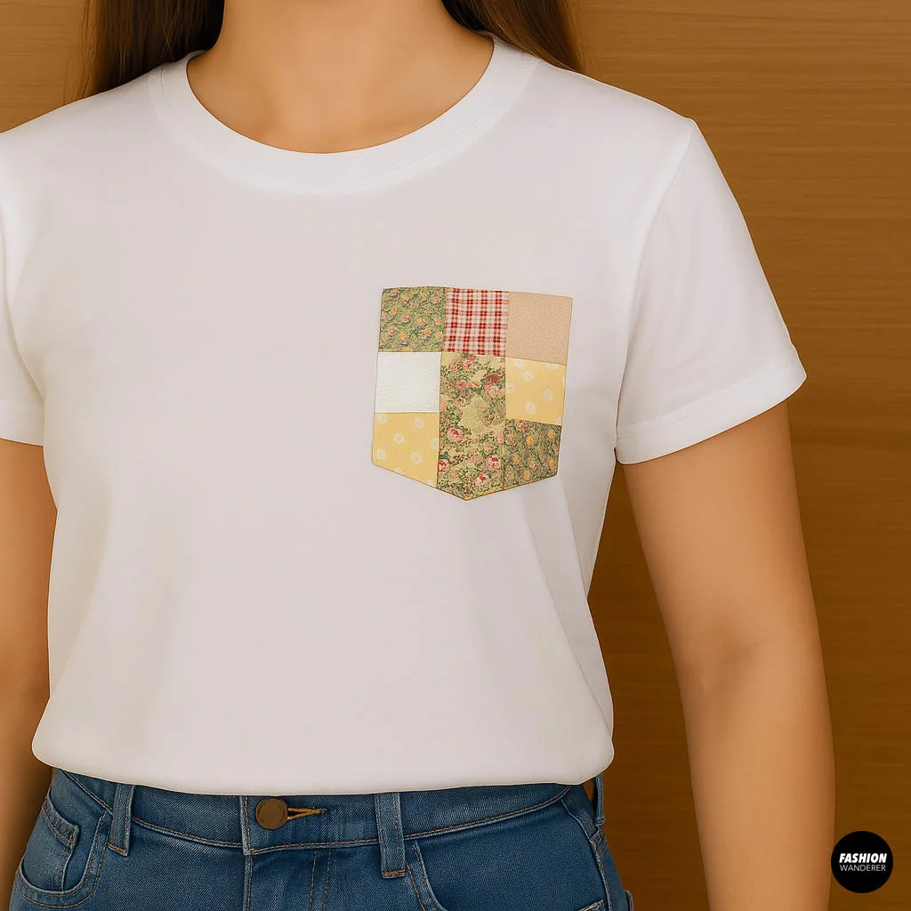 Person wearing a white t-shirt with a finished patchwork pocket, styled with denim jeans, showcasing the completed cottagecore look.