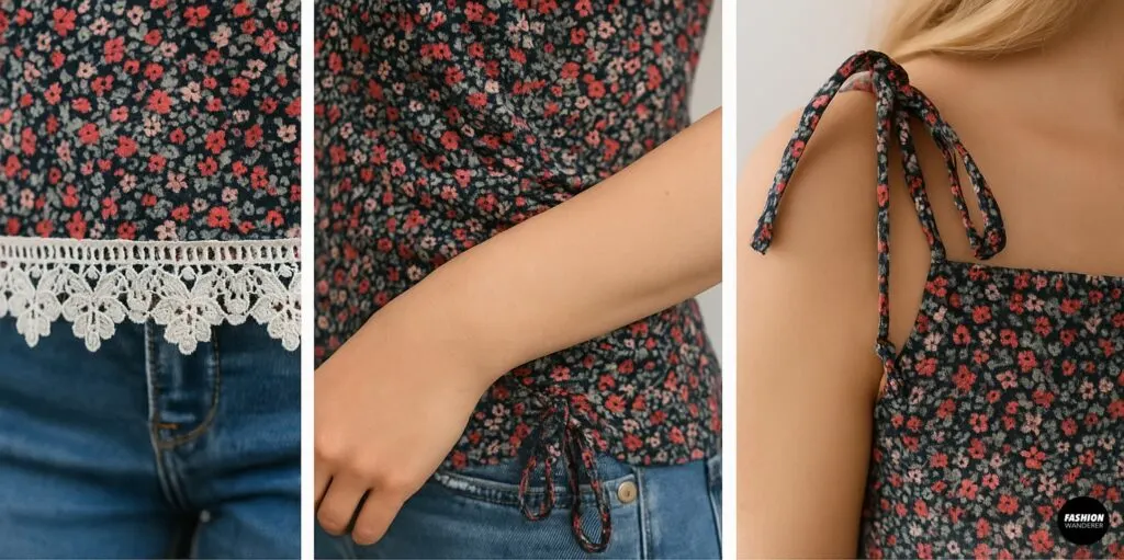 Three-panel collage highlighting customization options for a DIY tube top: attaching a lace trim to the hem, creating side ruching with a drawstring, and tying floral straps at the shoulders for a boho look.