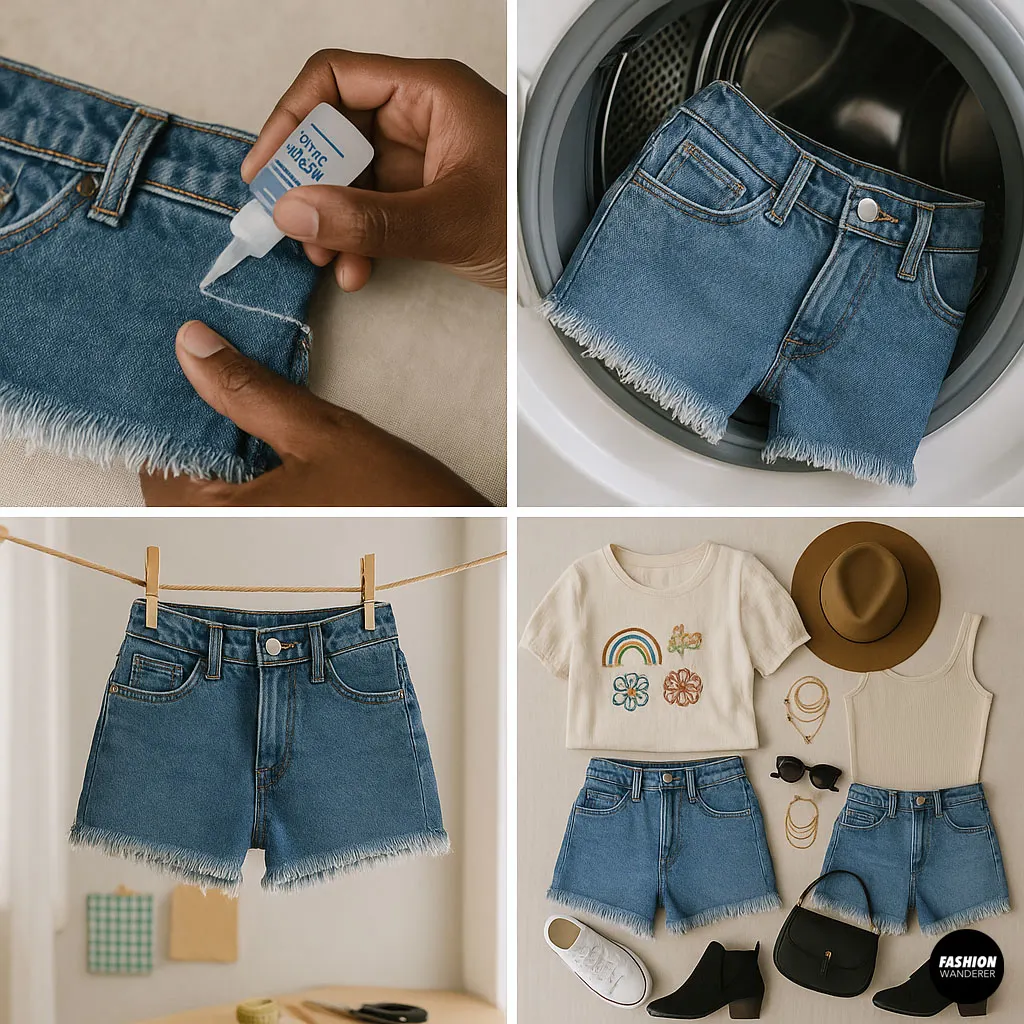 Completed DIY fringe shorts styled with accessories, hanging to dry, and close-up of glued hem.