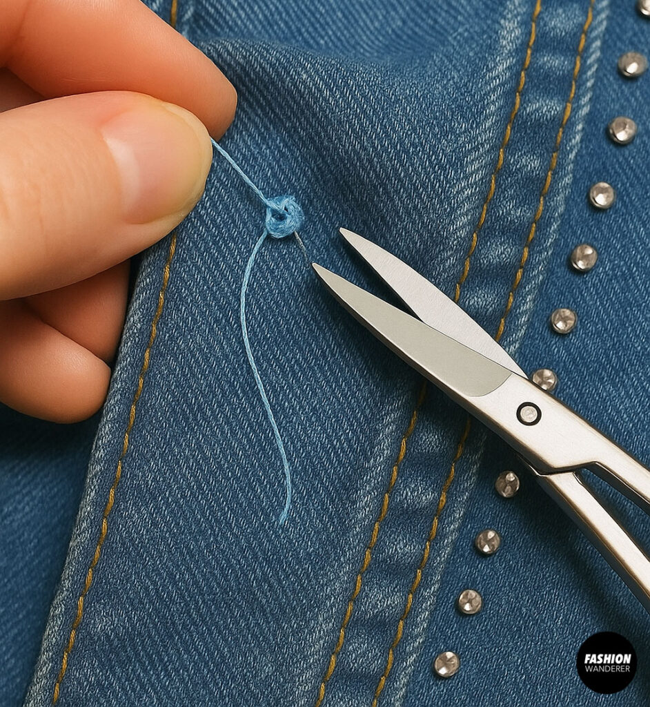 Close-up of hands tying off blue thread next to metallic studs on denim jacket after hand-sewing embellishments
