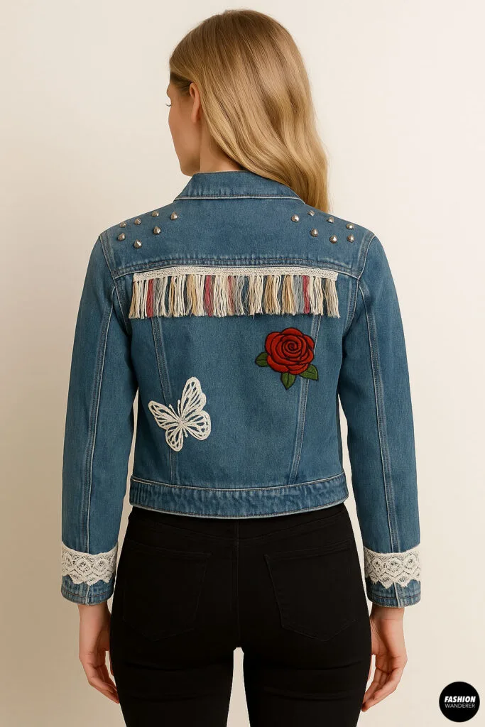 Back view of embellished denim jacket featuring fringe, studs, embroidered rose and butterfly, and lace sleeve trim on model.