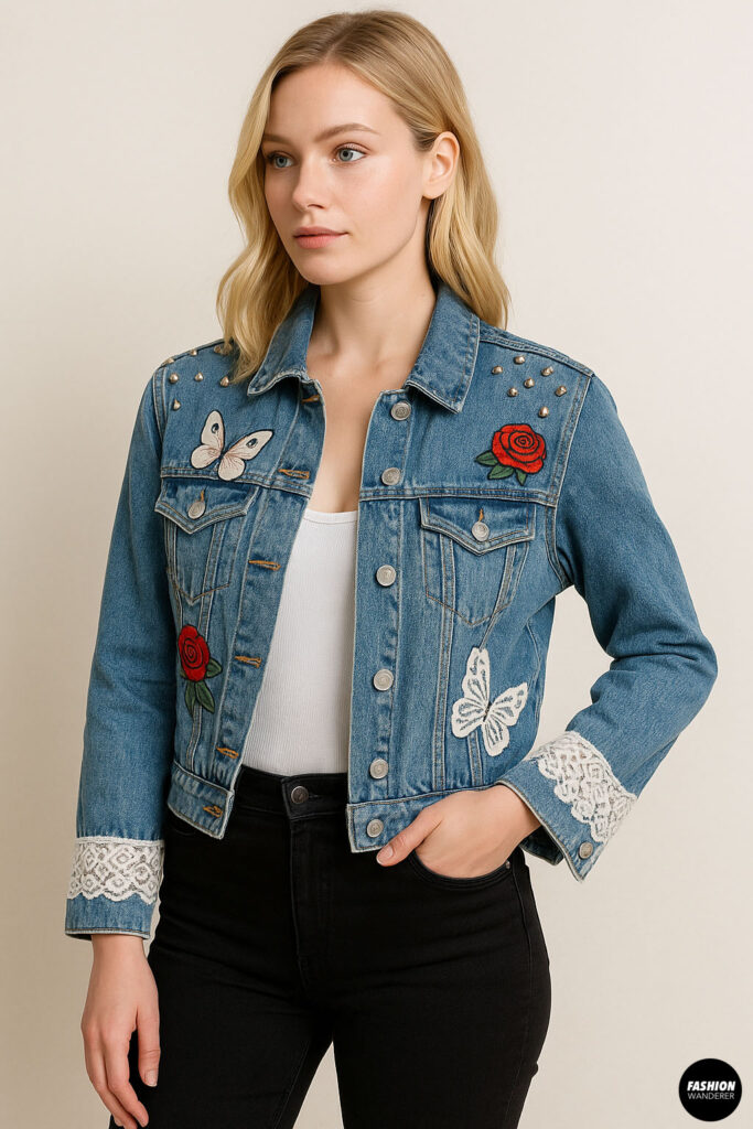 Front view of a woman wearing embellished denim jacket with studs, embroidered roses and butterflies, and lace trim on cuffs.