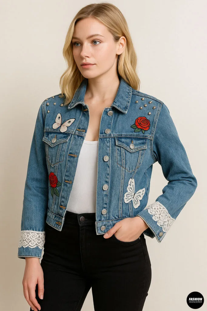 Front view of a woman wearing embellished denim jacket with studs, embroidered roses and butterflies, and lace trim on cuffs.