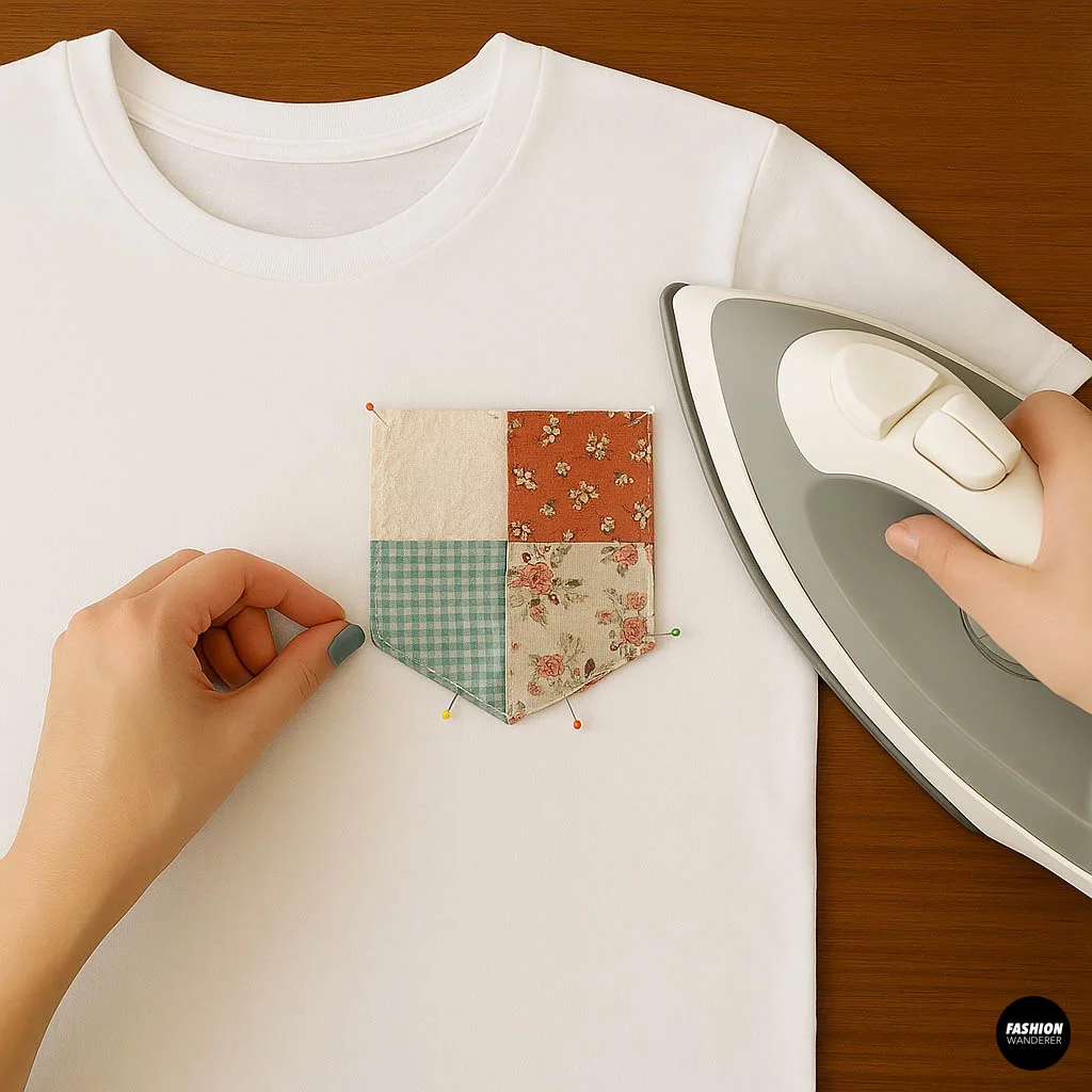 Hands pinning the edges of a patchwork pocket on a white t-shirt, preparing to sew and finish pocket edges neatly.