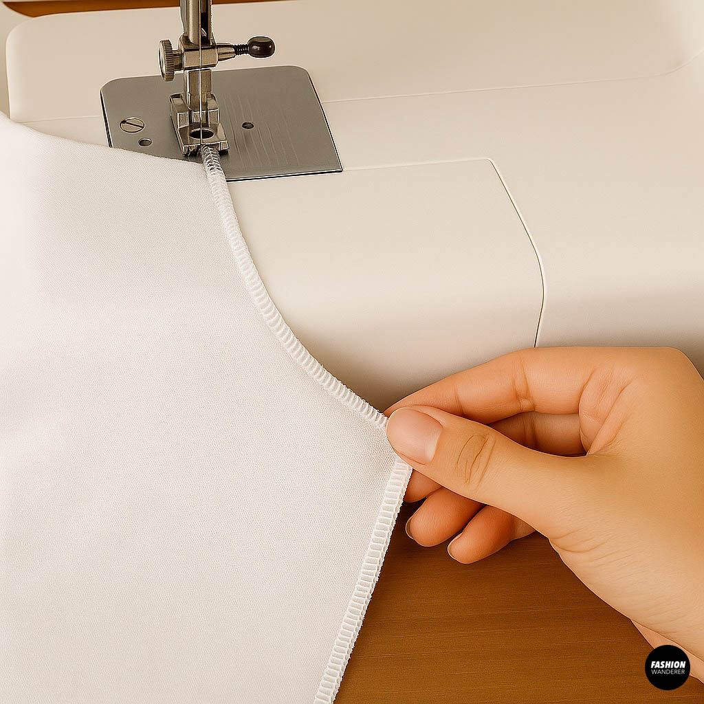 Close-up of a white t-shirt’s raw edges finished with a serger stitch, held by a hand on a wooden surface.