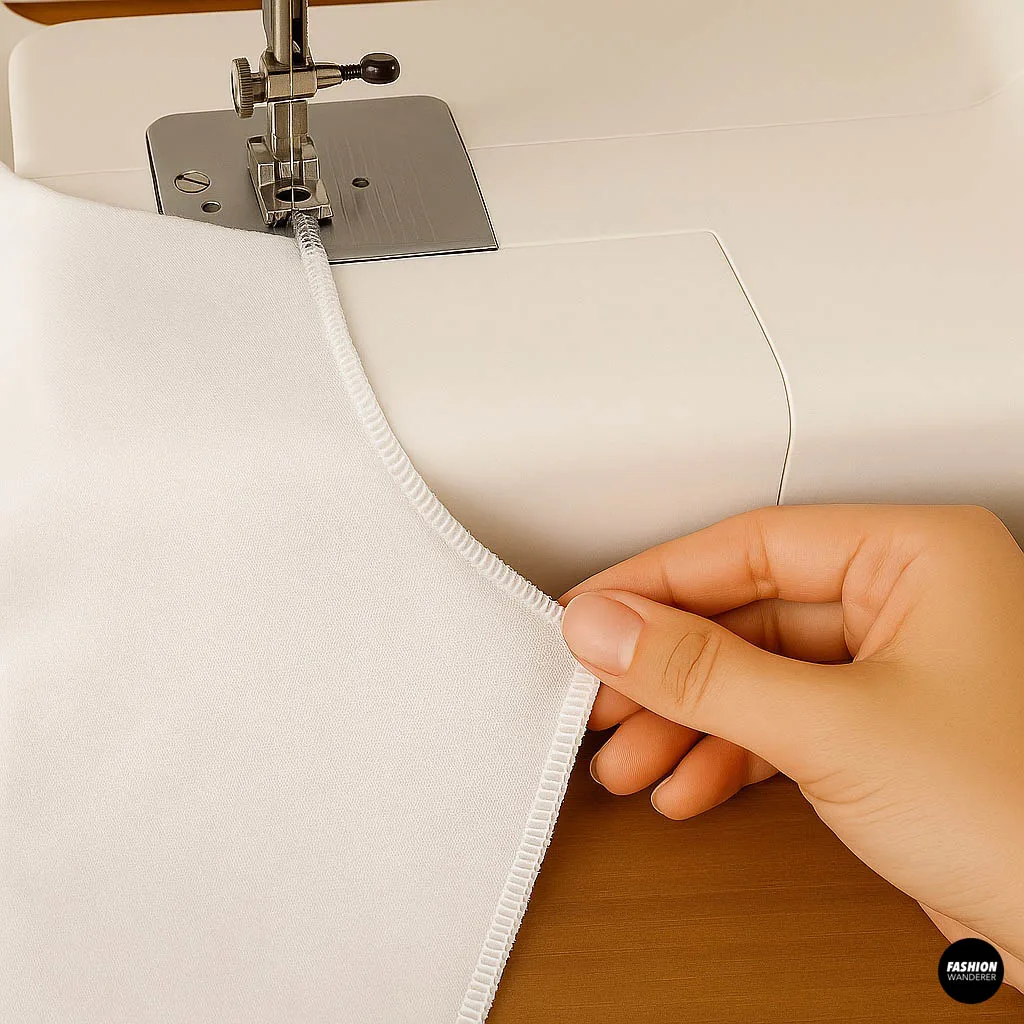 Close-up of a white t-shirt’s raw edges finished with a serger stitch, held by a hand on a wooden surface.