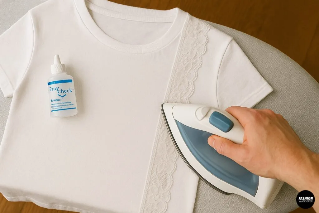 Close-up of a white T-shirt with lace insert being pressed with an iron and a bottle of Fray Check fabric sealant nearby, demonstrating how to secure and finish raw lace edges.
