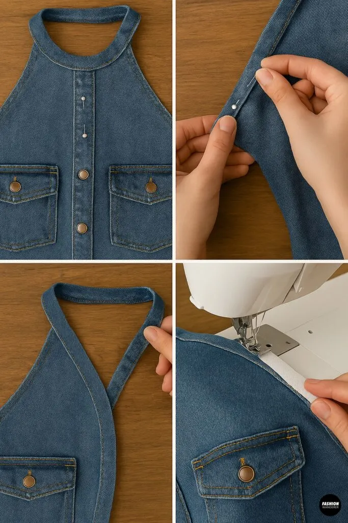 Final stitching and pinning of raw armhole and neckline edges on the halter top, including close-up of topstitched seams and reinforced neckline.