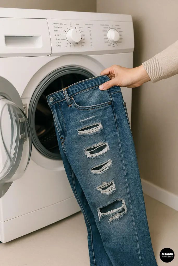 Hand placing ripped jeans into washing machine for final wash to finish distressing process.