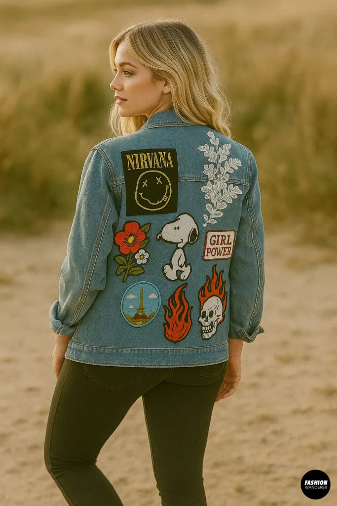 Woman wearing a denim jacket adorned with multiple colorful iron-on patches, standing outdoors with her back facing the camera.