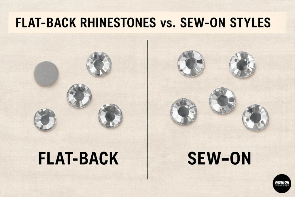 Close-up comparison of flat-back rhinestones and sew-on rhinestones for DIY clothing embellishment, showing flat smooth backs vs drilled holes for sewing.