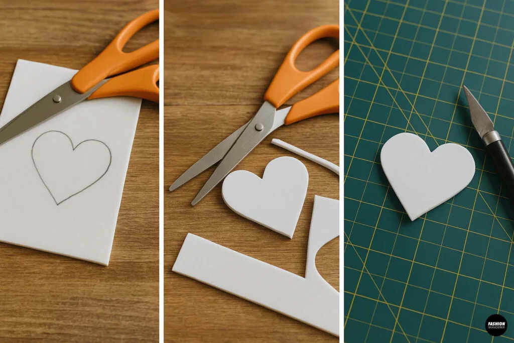 Cutting heart-shaped foam into stamp blocks using scissors and a hobby knife for a t-shirt stamping project.