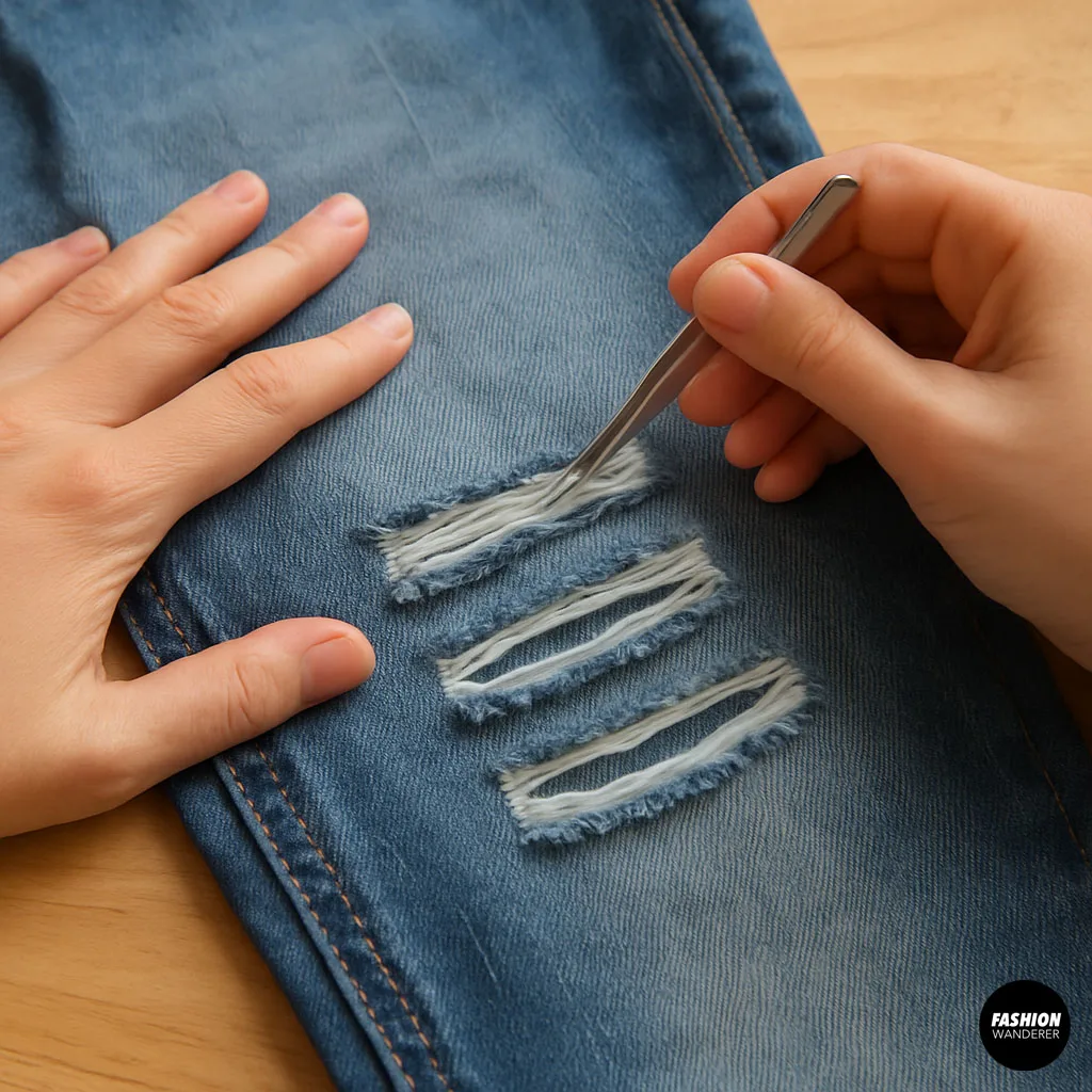Tweezers pulling white threads from denim cutouts to fray and distress jeans.