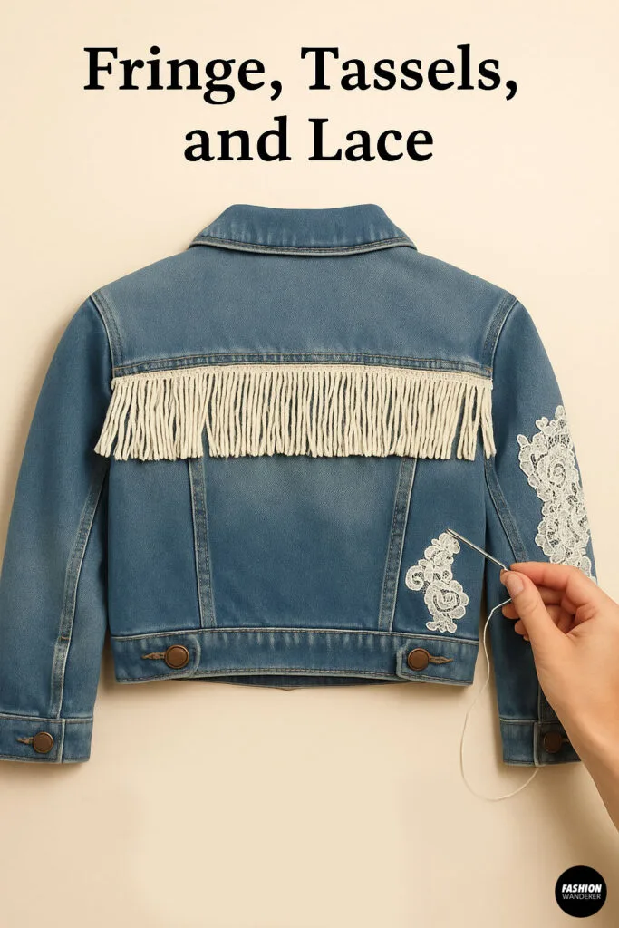 Back of a denim jacket featuring white fringe across the shoulders and lace appliqués on the sleeves, with a hand sewing lace detail.