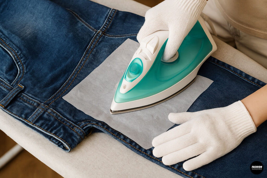 Iron pressing over patch with parchment paper on jeans using gloved hands on ironing board.