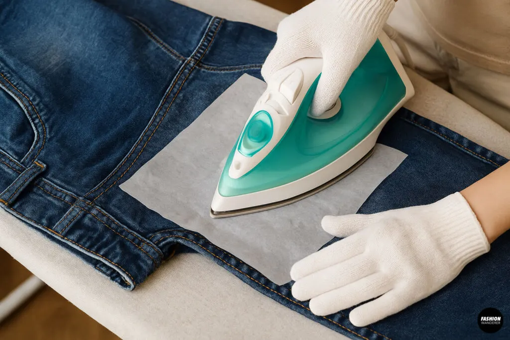 Iron pressing over patch with parchment paper on jeans using gloved hands on ironing board.
