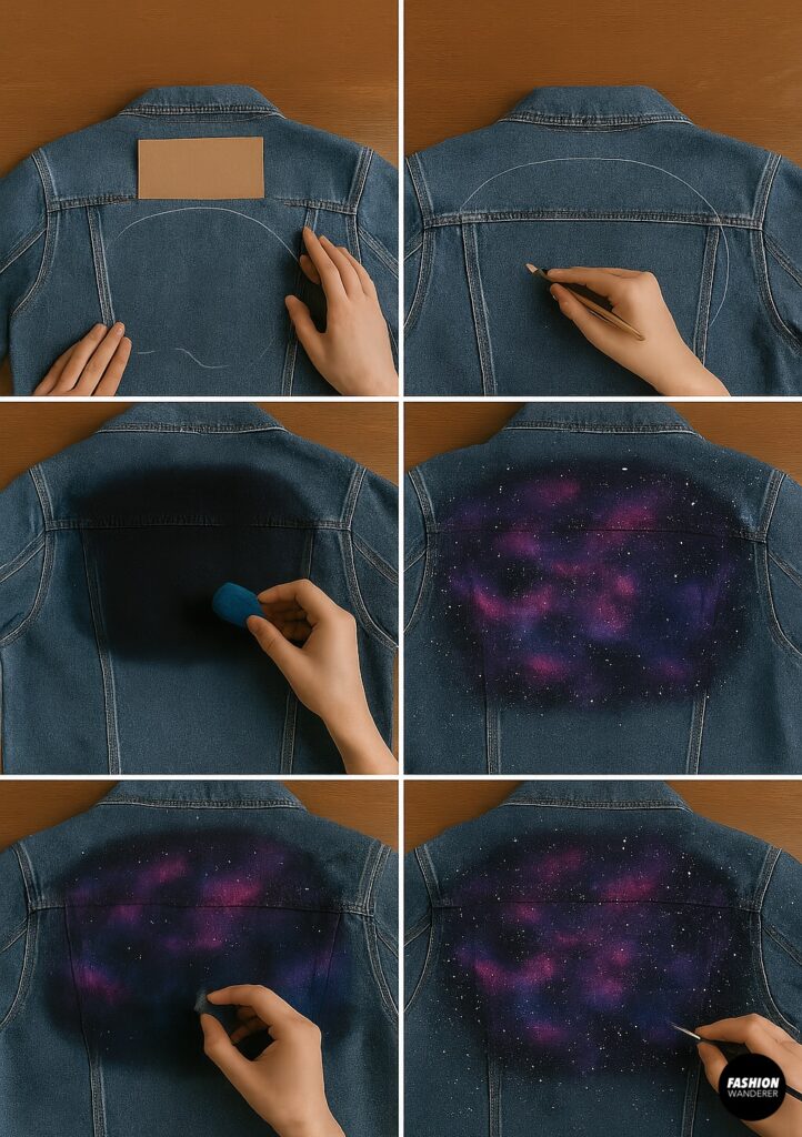 Six-panel top-down tutorial on painting a galaxy nebula on a denim jacket back: sketch outline with pencil, sponge-blend navy, black, purple and pink paints, add white stars with a fine brush for a cosmic cloud effect.