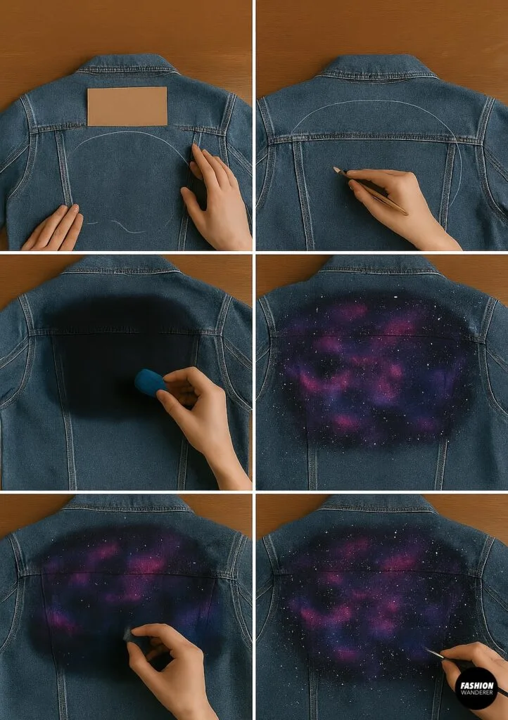 Six-panel top-down tutorial on painting a galaxy nebula on a denim jacket back: sketch outline with pencil, sponge-blend navy, black, purple and pink paints, add white stars with a fine brush for a cosmic cloud effect.