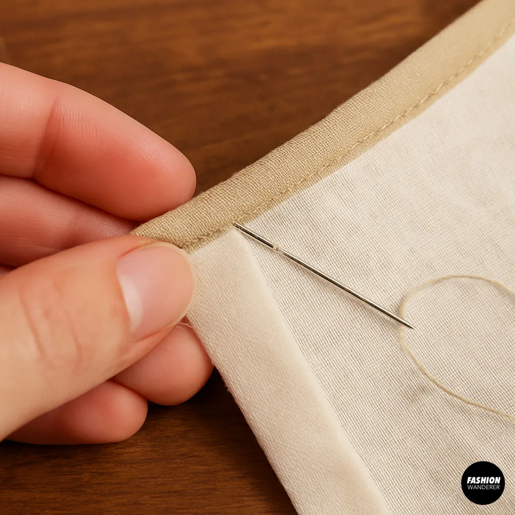 Detailed close-up of a hand stitching bias binding on the inside of a neckline with a needle and matching thread for a seamless look.