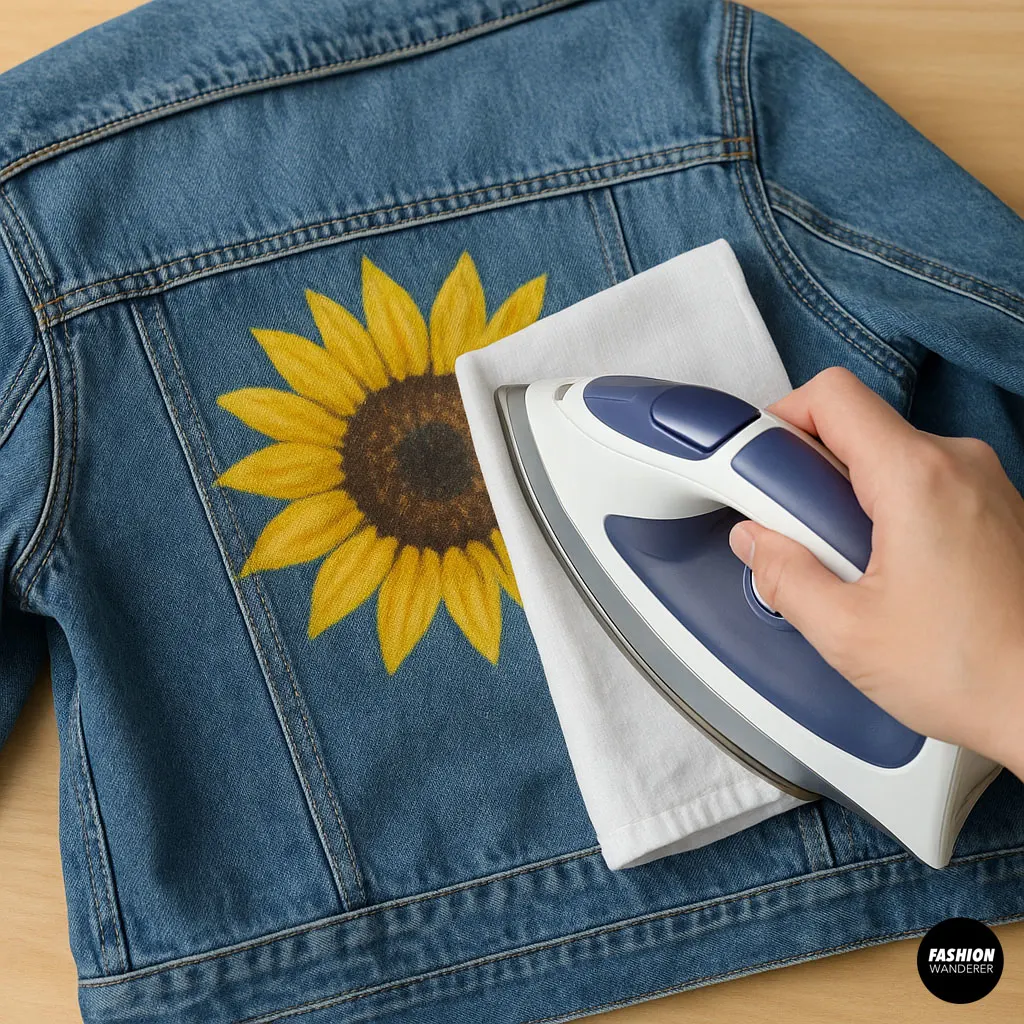 Hand pressing a cloth-covered iron over a painted sunflower on a denim jacket to heat set the design for long-lasting results.