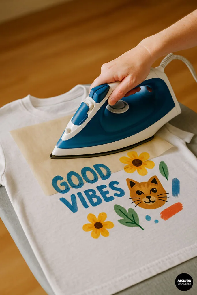 Hand using iron over parchment paper to heat set a painted “Good Vibes” cat design on a white t-shirt — sealing the fabric paint for long-lasting results.