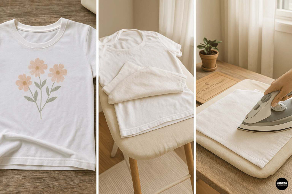 Ironing a finished stamped t-shirt design on an ironing board to heat-set ink for durability and wash resistance.