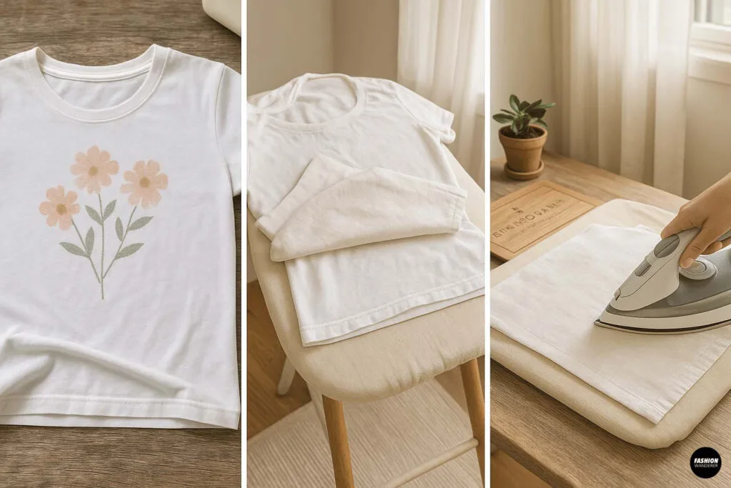 Ironing a finished stamped t-shirt design on an ironing board to heat-set ink for durability and wash resistance.