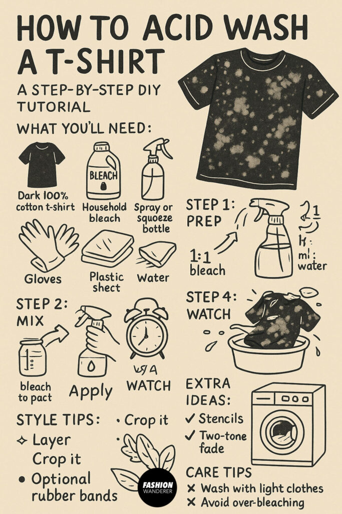 How to acid wash a t-shirt — step-by-step DIY tutorial infographic showing materials needed like bleach, gloves, spray bottle, and instructions for prepping, mixing, applying, and rinsing for a stylish bleached tee.