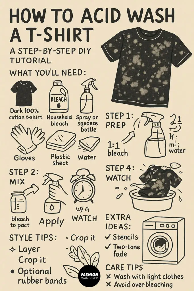How to acid wash a t-shirt — step-by-step DIY tutorial infographic showing materials needed like bleach, gloves, spray bottle, and instructions for prepping, mixing, applying, and rinsing for a stylish bleached tee.