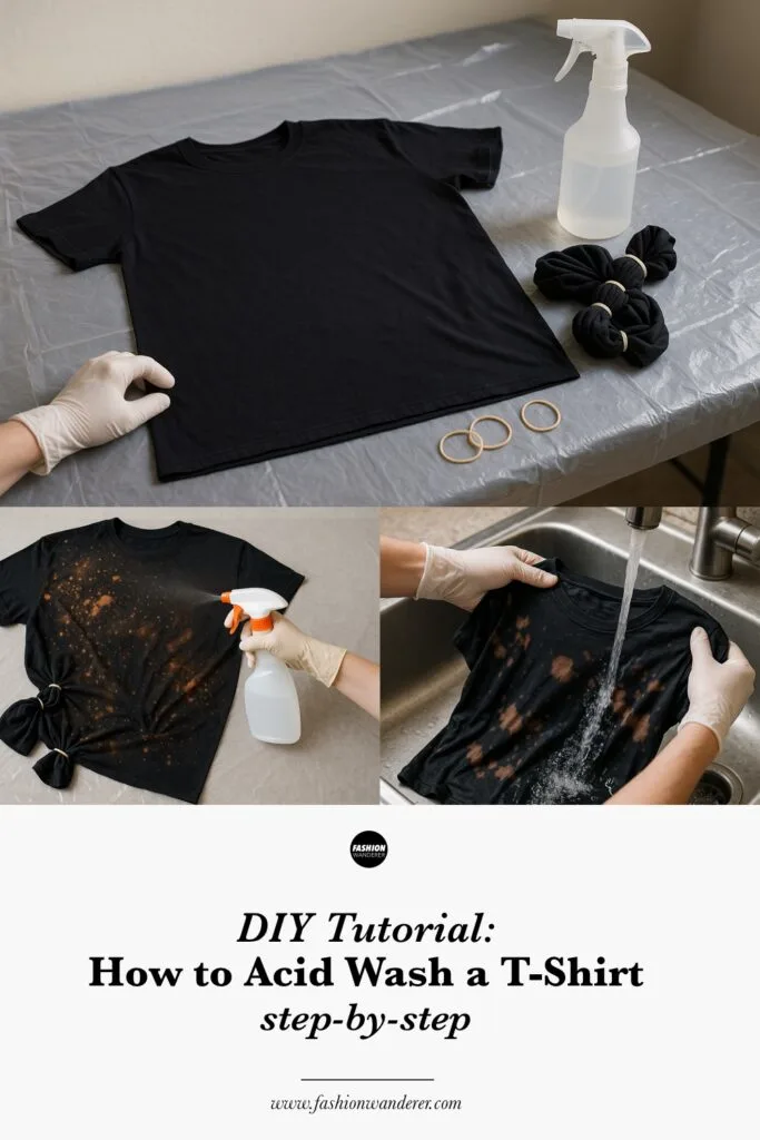 Finished DIY acid wash t-shirt featuring a bold orange burst pattern on a black cotton tee — laid flat on plastic-covered table with a spray bottle and gloved hand, showcasing the final result of the bleach dye process.