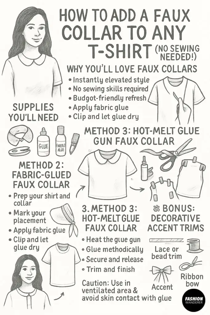 Hand-drawn style infographic showing step-by-step methods for adding a no-sew faux collar to any T-shirt using fabric glue or hot-melt glue, including supplies needed and decorative trim ideas.