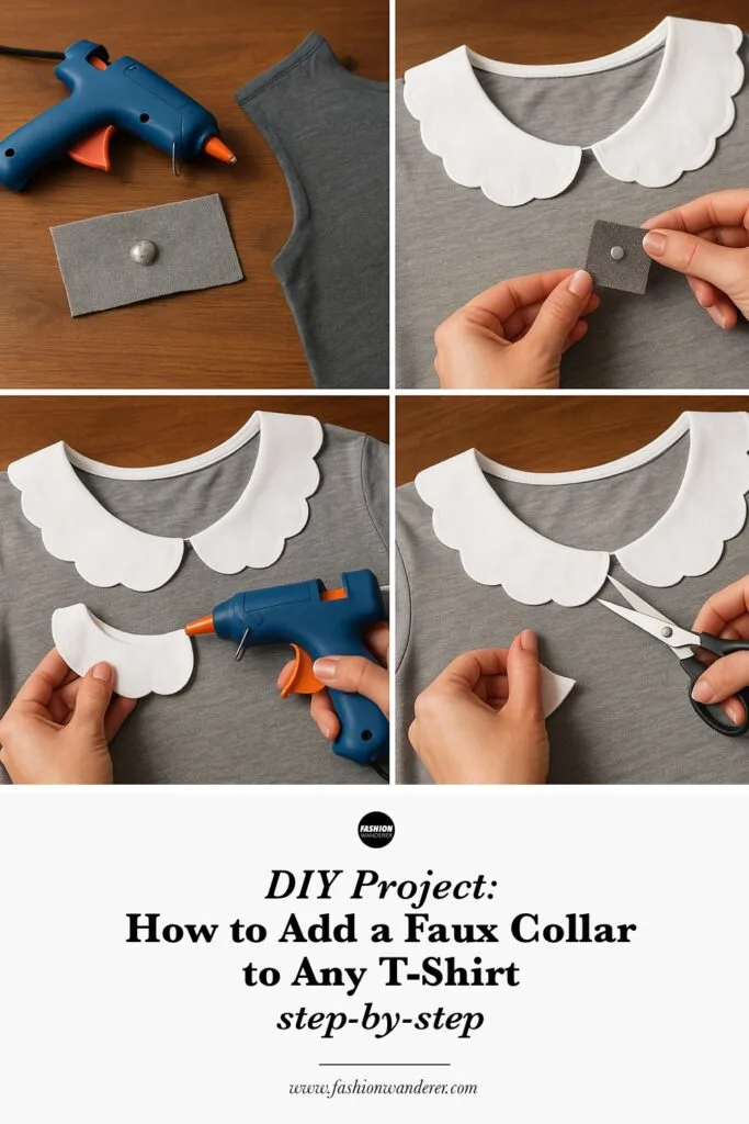 Vertical step-by-step photo collage showing various methods to add a no-sew faux collar to different colored T-shirts using fabric glue, clips, or hot glue gun, styled with jeans and casual looks, with text overlay for DIY project.