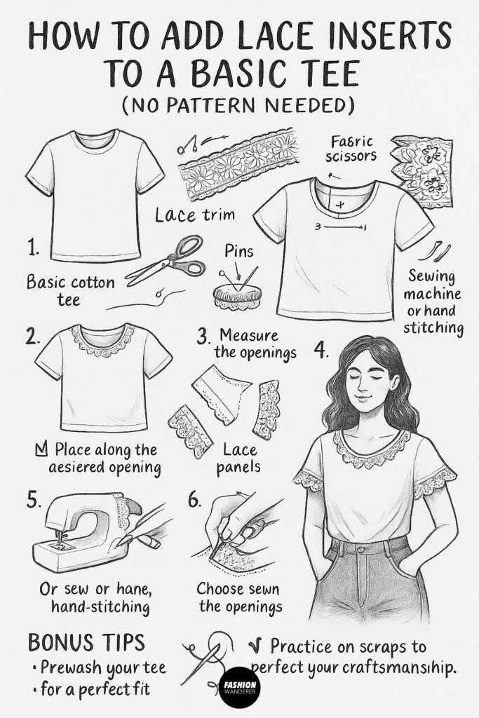 Hand-drawn step-by-step infographic showing how to add lace inserts to a basic T-shirt with no sewing pattern needed. Includes tools, lace placement, sewing methods, and tips for beginners.