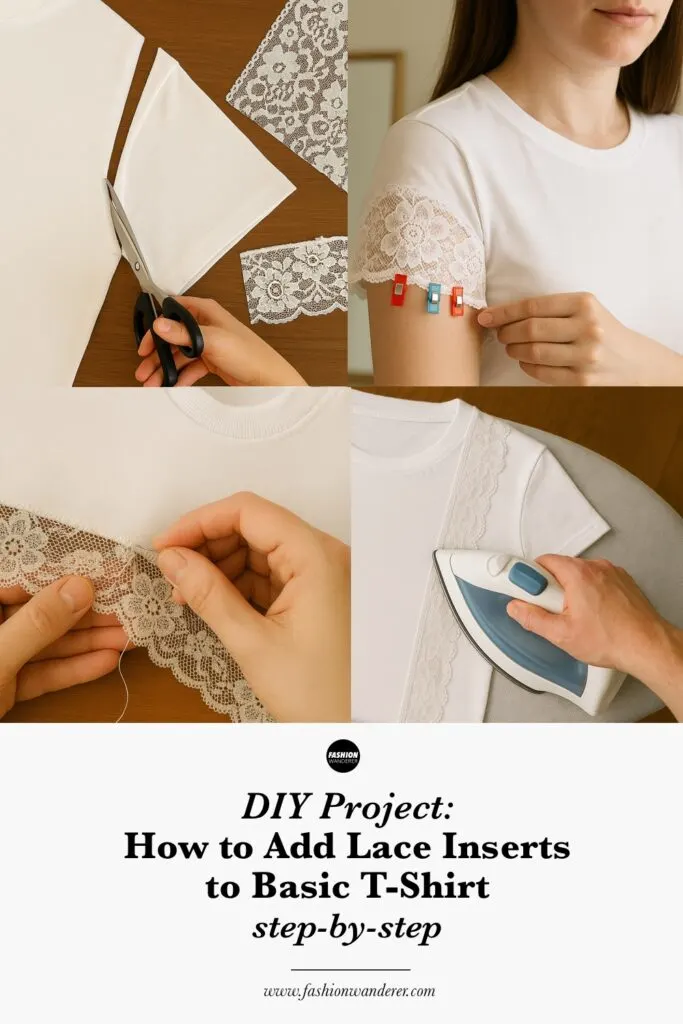 Vertical Pinterest collage showing steps to add lace inserts to a T-shirt: cutting sleeves, pinning lace, hand sewing, and pressing lace in place, with DIY project title and website link.