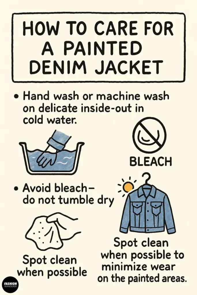 Infographic with illustrated tips on how to care for a painted denim jacket, including washing, spot cleaning, and drying instructions.