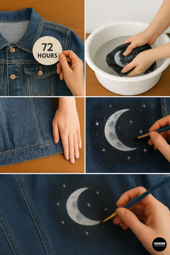 Four-panel care tutorial for painted denim jackets: wait 72 hours dry, hand-wash in cold water, air dry flat away from sun, touch up faded cosmic paint with fine brush as needed.