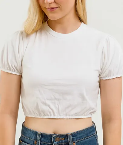 Simple DIY cropped t-shirt with gathered puff sleeves and elastic hem – feminine and beginner-friendly upcycle idea.