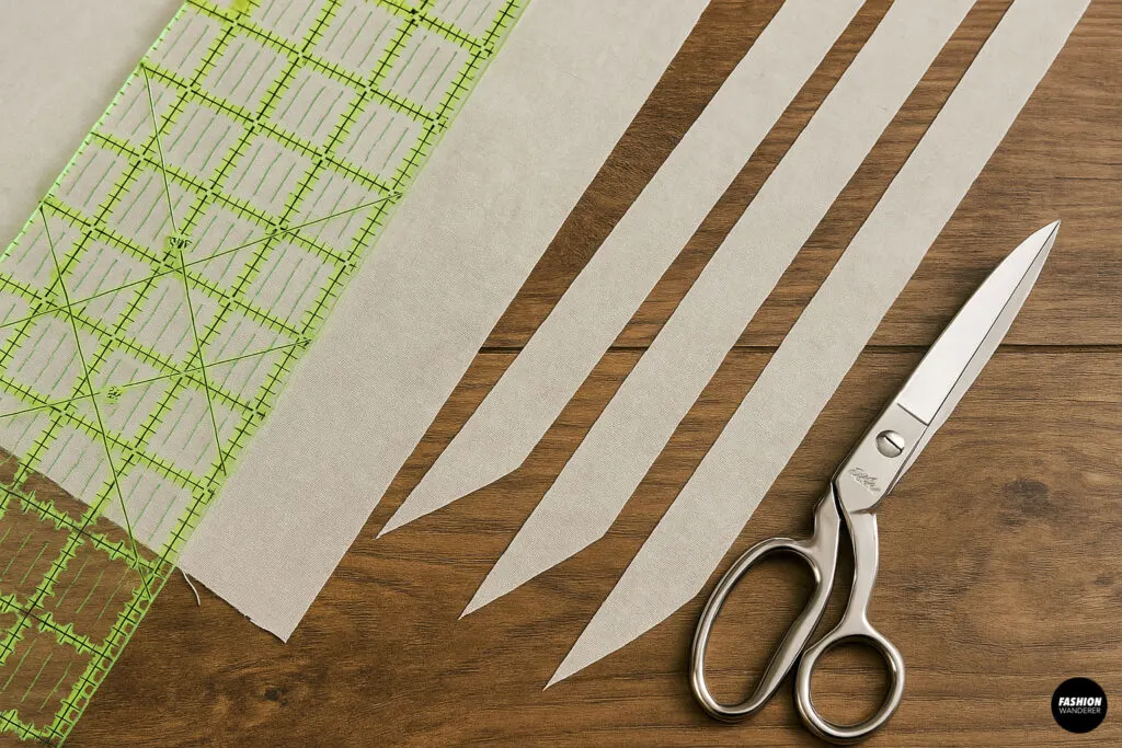 Top-down view of fabric strips cut into bias binding with angled ends, placed beside a green quilting ruler and tailor’s shears on a wooden table.