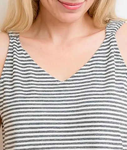 DIY striped v-neck crop tank top with wide shoulder straps – easy no-sew summer refashion from old t-shirt.