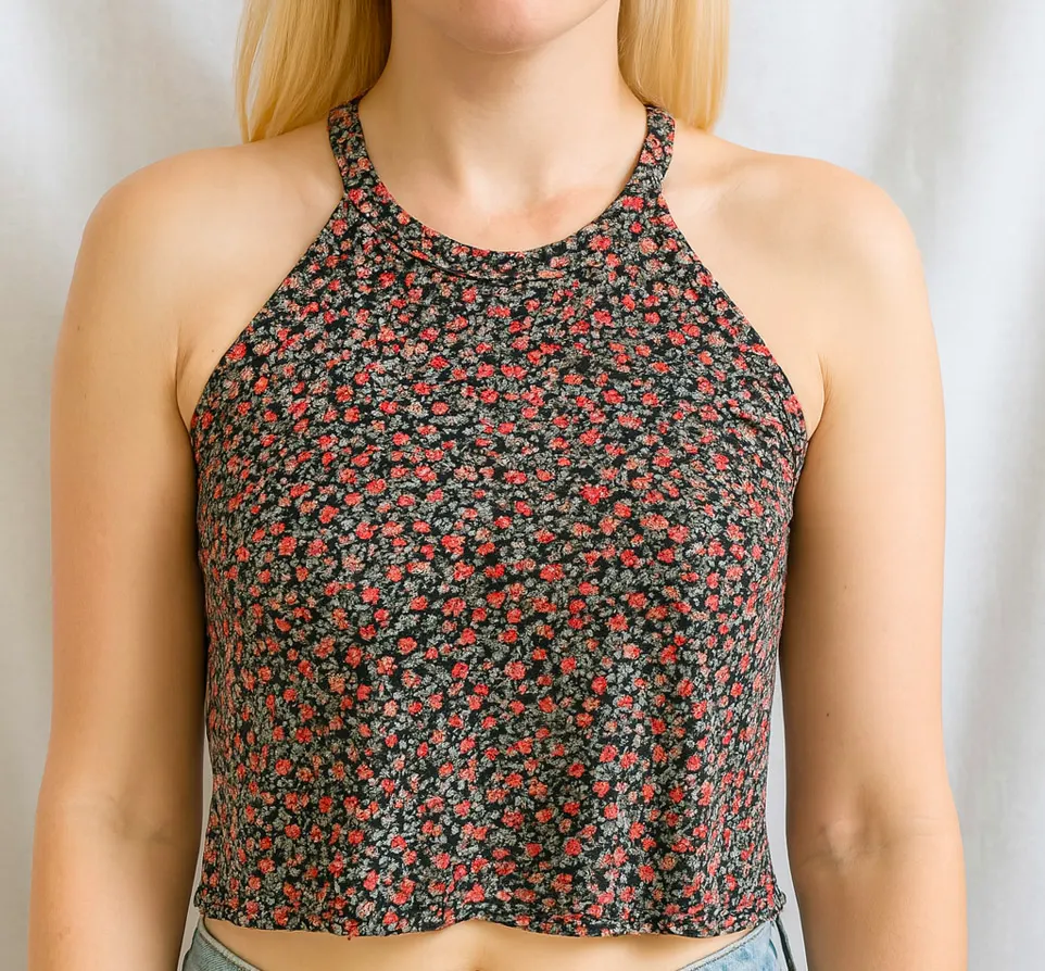 Front view of a floral halter crop top made from a t-shirt, perfect for warm weather DIY fashion.
