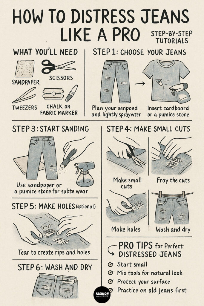 Step-by-step illustrated infographic showing how to distress jeans with scissors, sandpaper, and tweezers.