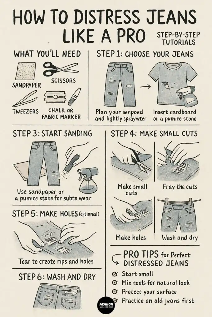Step-by-step illustrated infographic showing how to distress jeans with scissors, sandpaper, and tweezers.