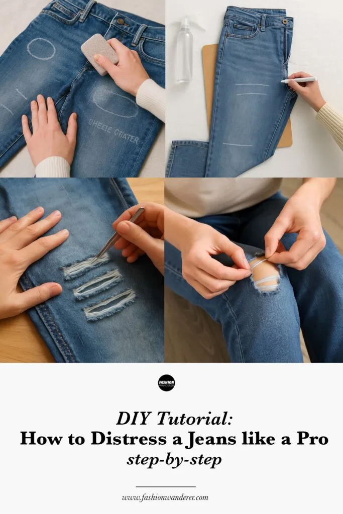 Illustrated infographic summarizing pro tips for distressing jeans, including using sandpaper and scissors, protecting your workspace, and practicing on old denim for best DIY results