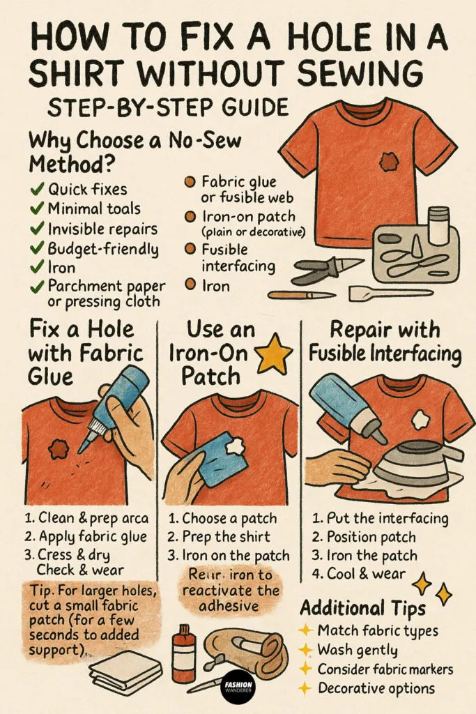 Illustrated infographic showing three no-sew shirt repair methods: fabric glue, iron-on patch, and fusible interfacing with step-by-step instructions.