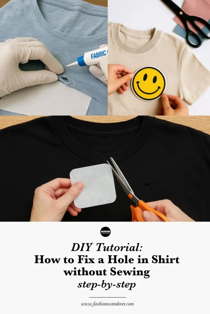 Step-by-step collage showing how to fix a hole in a T-shirt without sewing using fabric glue and iron-on patches, featuring prep, patch placement, ironing, and final result.