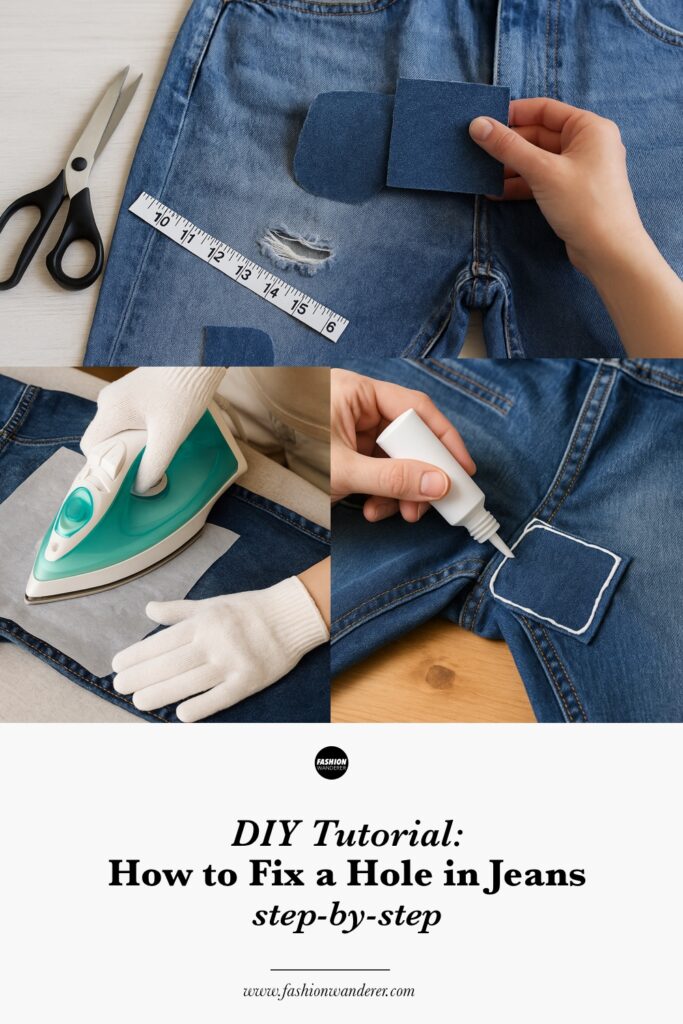 Step-by-step visual of no-sew jeans patch repair using fabric glue, hem tape, and decorative patch for fixing holes in denim.