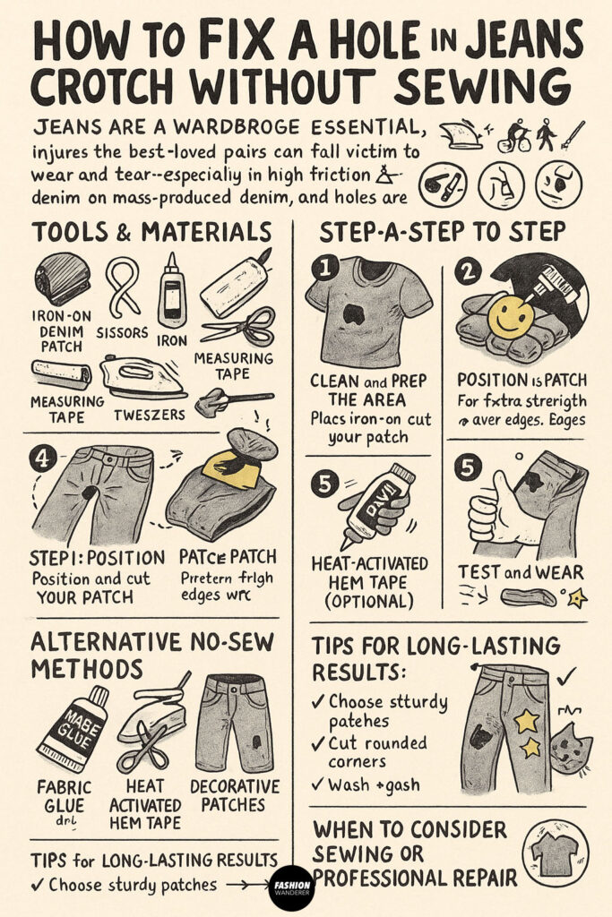 Hand-drawn infographic showing step-by-step tutorial for fixing jeans crotch without sewing using iron-on patches and glue.