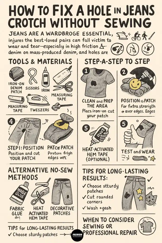 Hand-drawn infographic showing step-by-step tutorial for fixing jeans crotch without sewing using iron-on patches and glue.