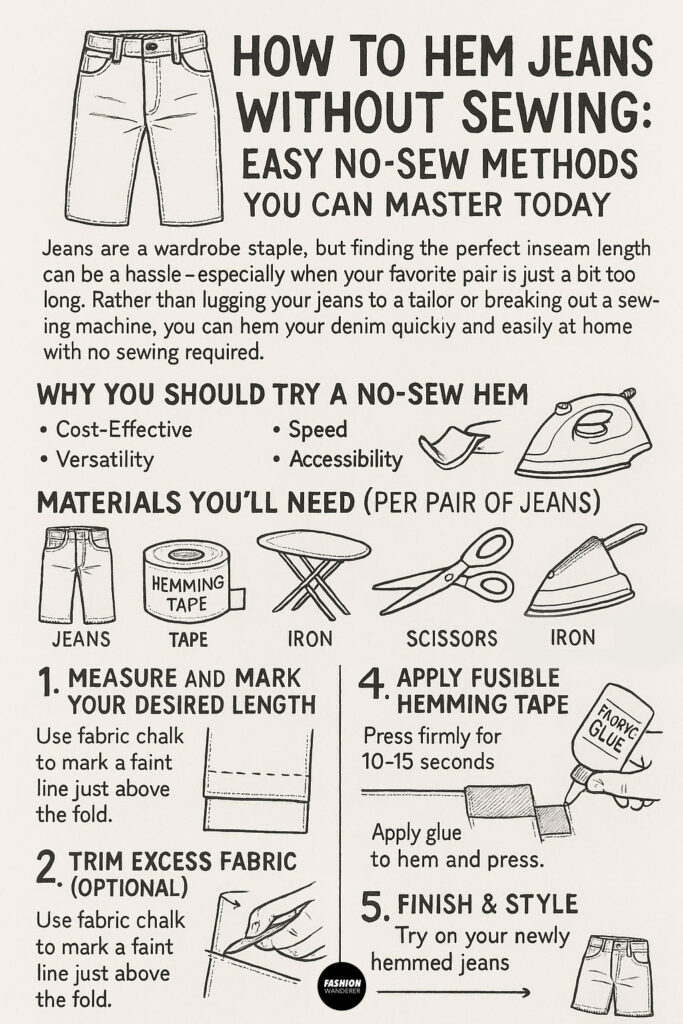 Illustrated infographic explaining how to hem jeans without sewing, using fusible tape and basic tools like scissors and an iron.