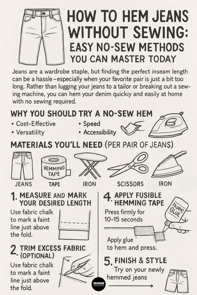 Illustrated infographic explaining how to hem jeans without sewing, using fusible tape and basic tools like scissors and an iron.